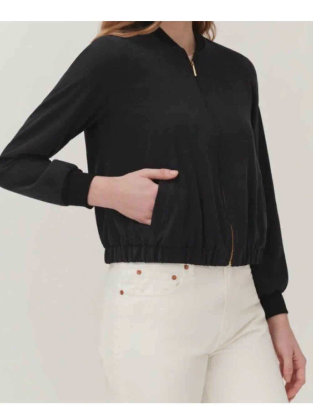 Cuyana Washable Silk Bomber Jacket Washed Faded Black Full Zip Size Small